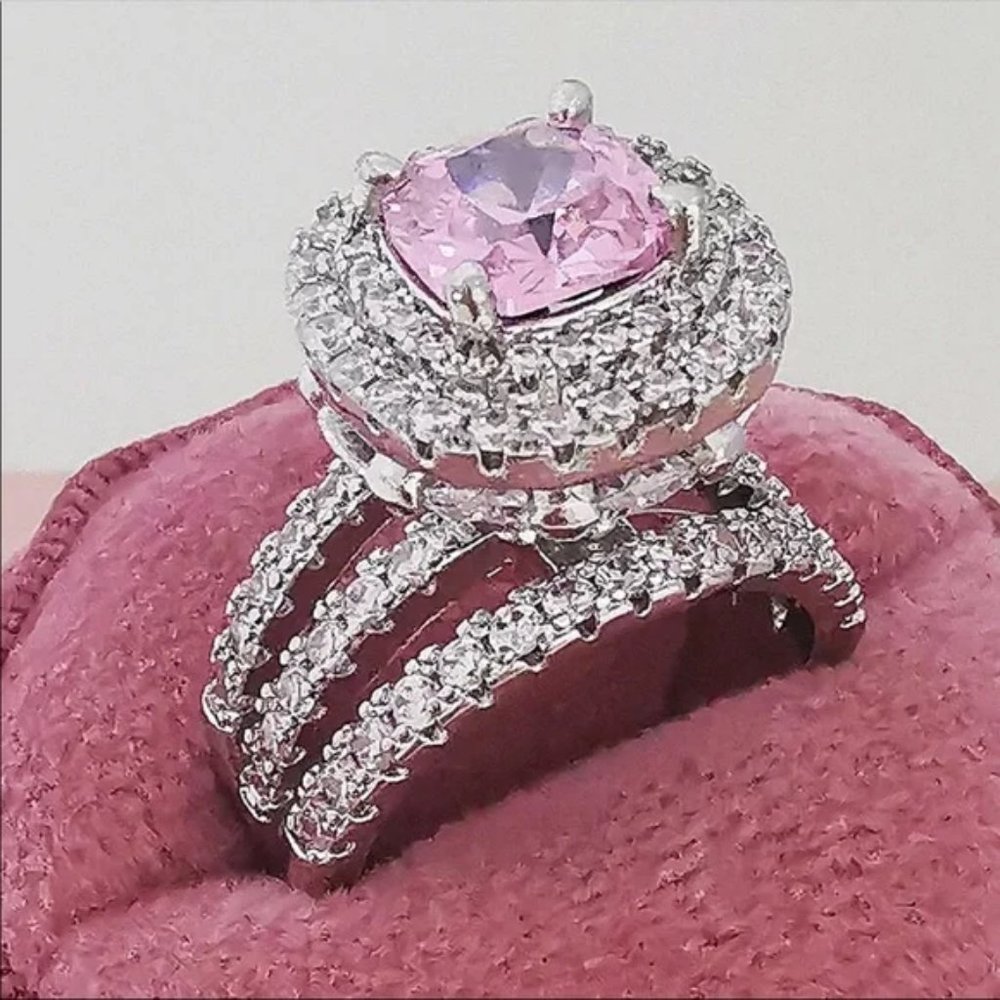 New Silver Pink Color 925 Sterling Silver Engagement Wedding Ring Set